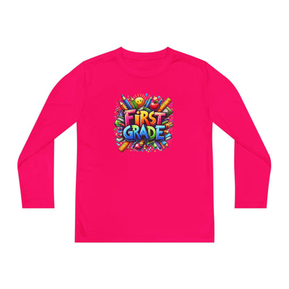 First Grade Youth Long Sleeve Tee — Colorful Back-to-School Shirt