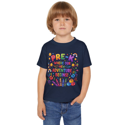 Toddler T‑Shirt — "Pre-K: Where Our New Adventure Begins!" Colorful Back-to-School Tee