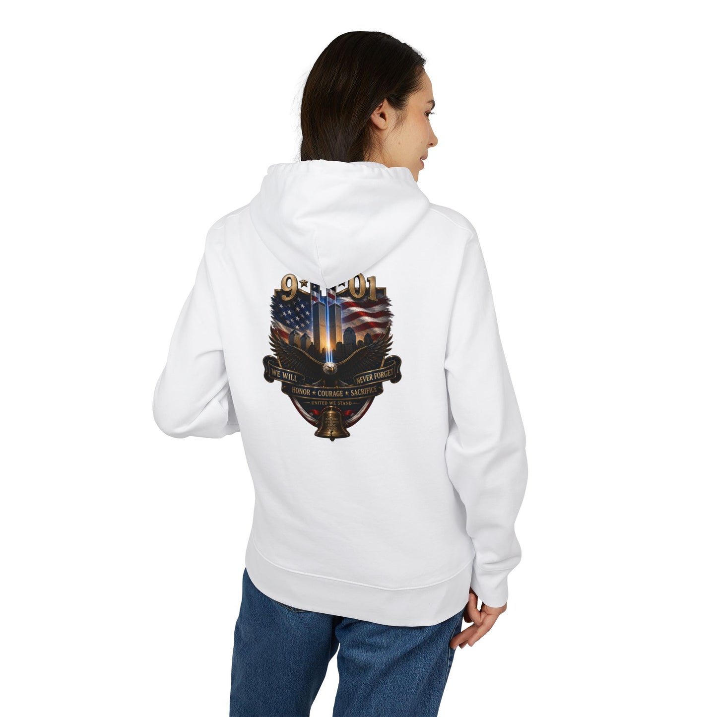 Patriotic Guardian Hoodie — 9/11 Tribute with American Flag & Twin Towers Emblem