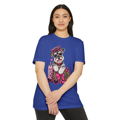 Schnauzer Fashion Tee — Cute Dog with Leopard Bag & 'Faith, Dog, Coffee' Design