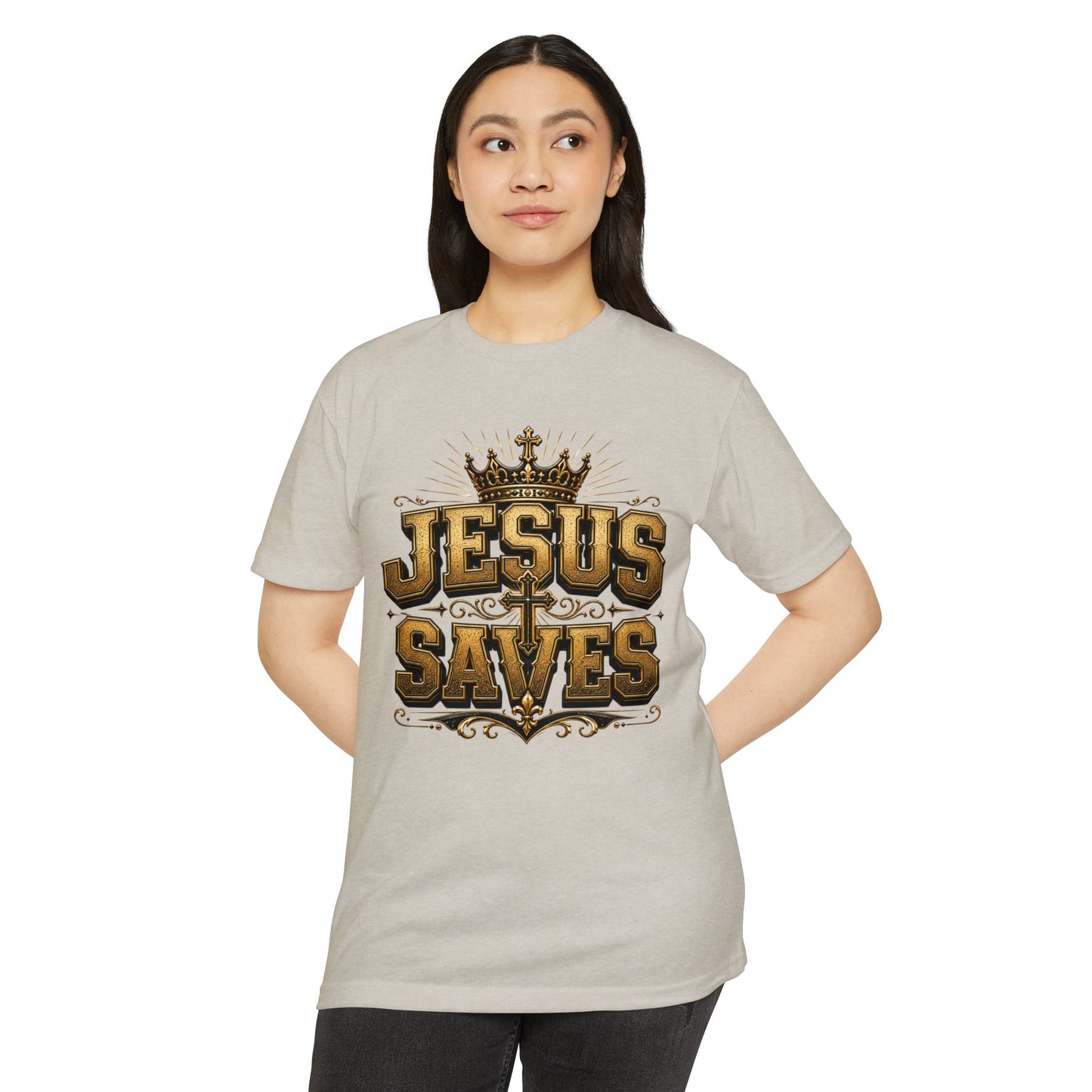 Jesus Saves T-Shirt — Christian Faith Graphic Tee with Crown & Cross