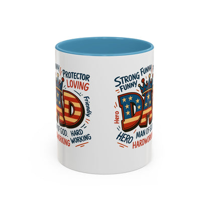 Dad Coffee Mug — Patriotic "DAD" Design with Loving, Hardworking, Protector Keywords (11/15oz Accent Mug)