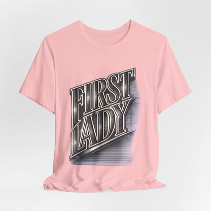 First Lady Graphic Tee — Retro Metallic Script Short Sleeve Shirt