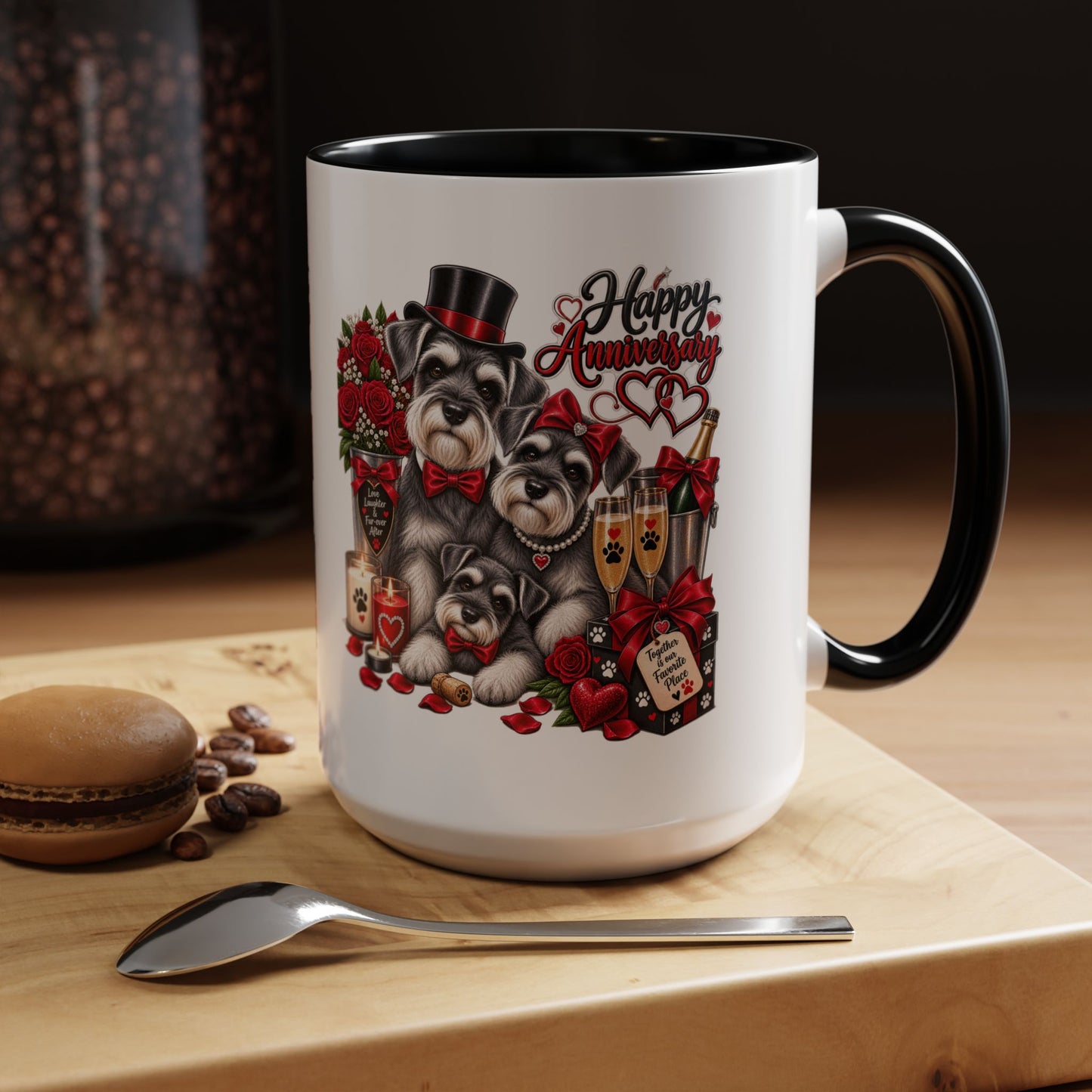 Happy Anniversary Dog Coffee Mug — Cute Pups, Champagne & Roses Accent Mug