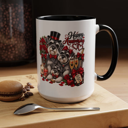 Happy Anniversary Dog Coffee Mug — Cute Pups, Champagne & Roses Accent Mug