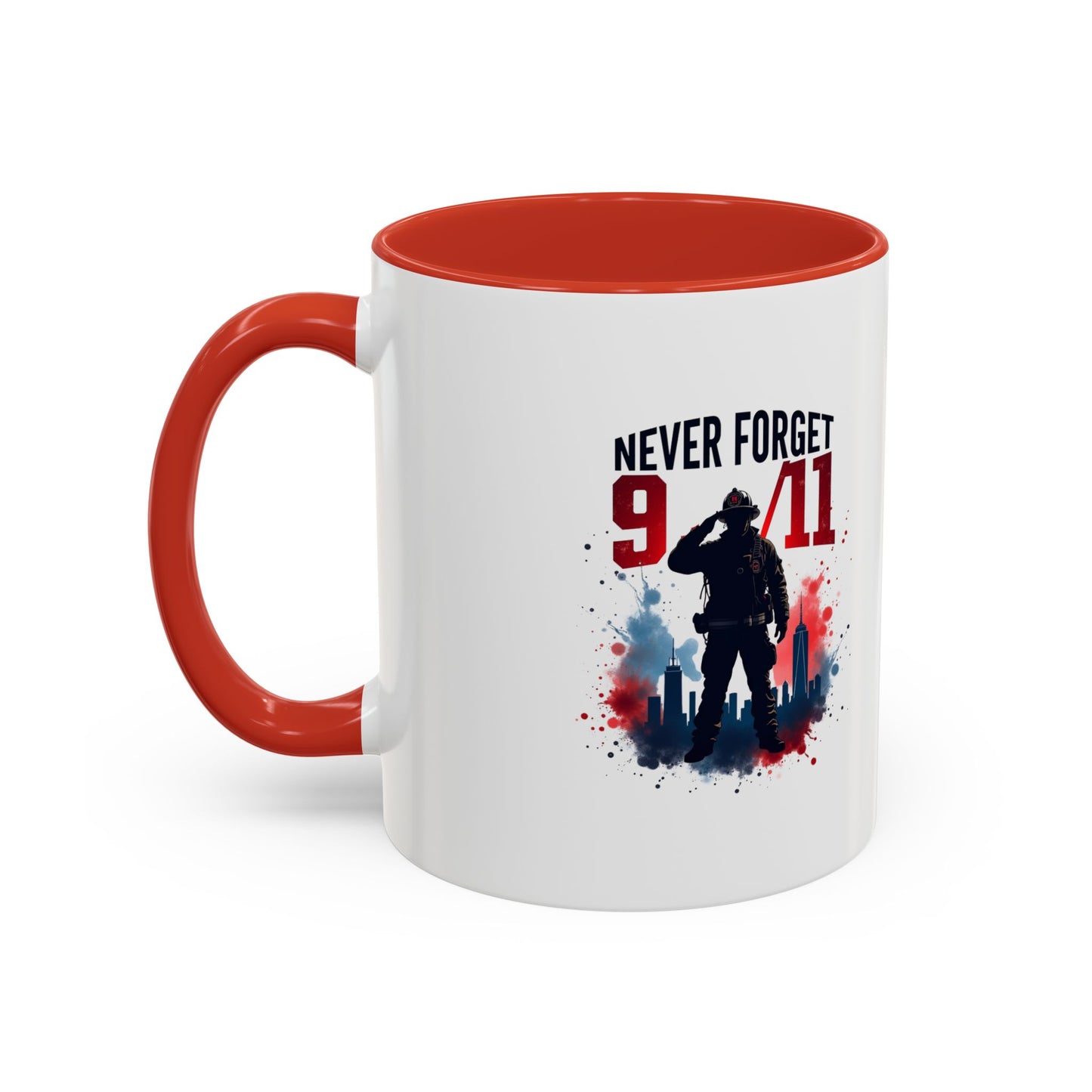 Never Forget 9/11 Accent Coffee Mug — Patriotic Memorial Tribute (11oz, 15oz)