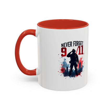 Never Forget 9/11 Accent Coffee Mug — Patriotic Memorial Tribute (11oz, 15oz)