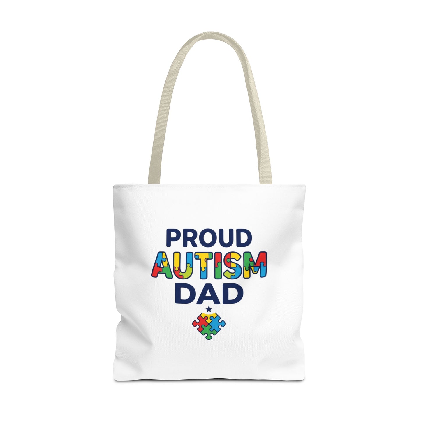 Proud Autism Dad Tote Bag — Colorful Puzzle-Heart Support Gift