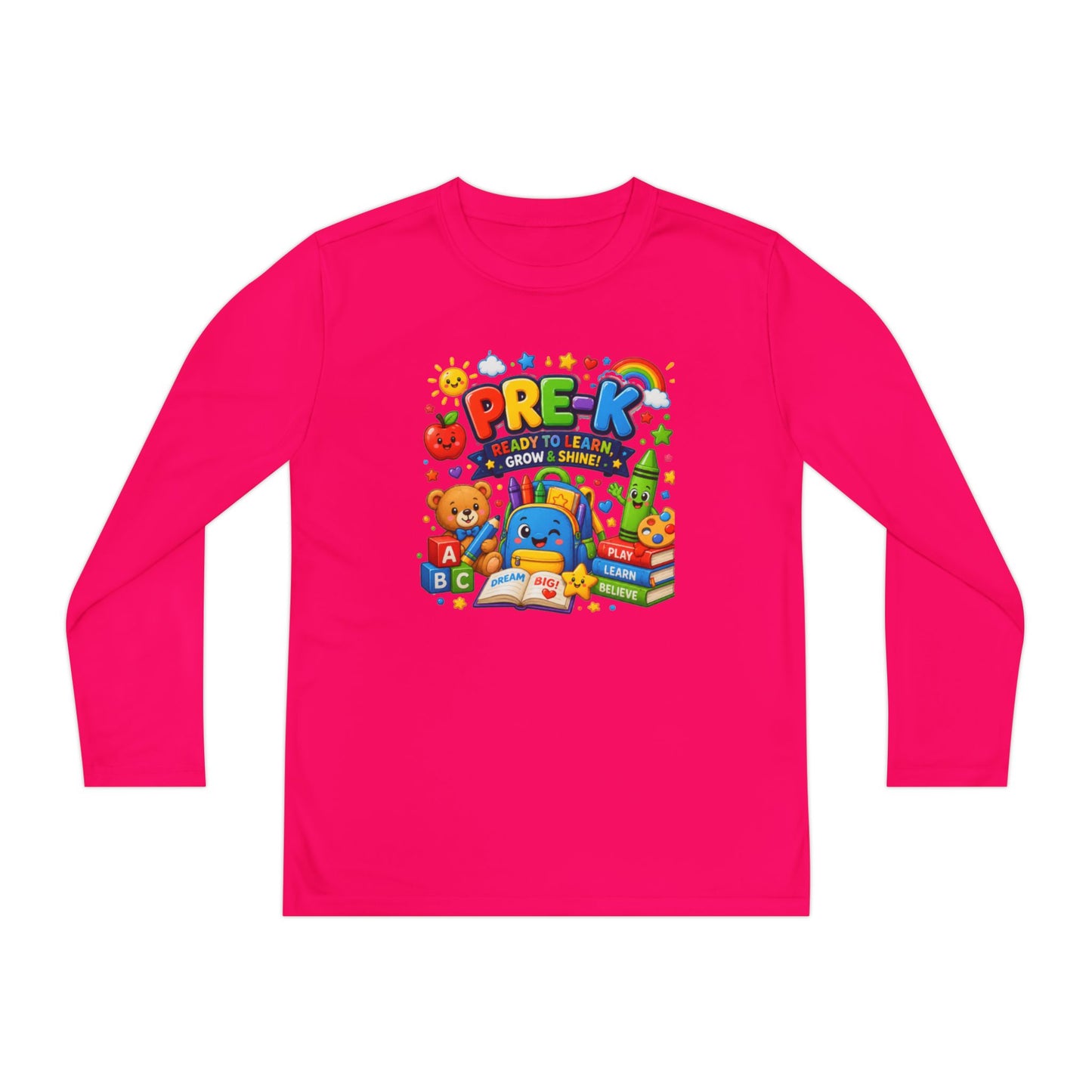 PRE-K Kids Long Sleeve Tee — Back-to-School Preschool Shirt ("Ready to Learn, Grow & Shine")
