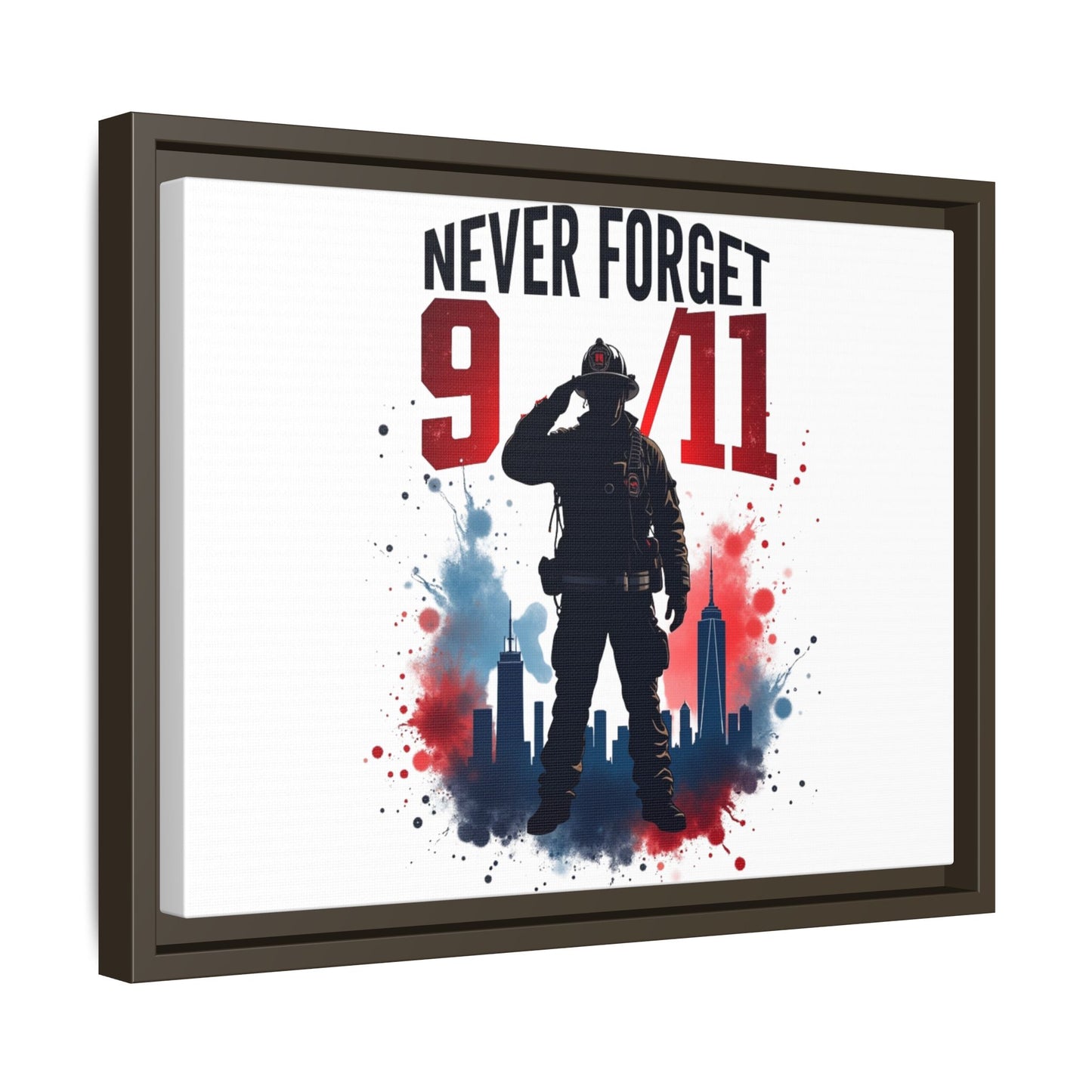 Never Forget 9/11 Framed Canvas Print — Patriotic Firefighter Memorial Art