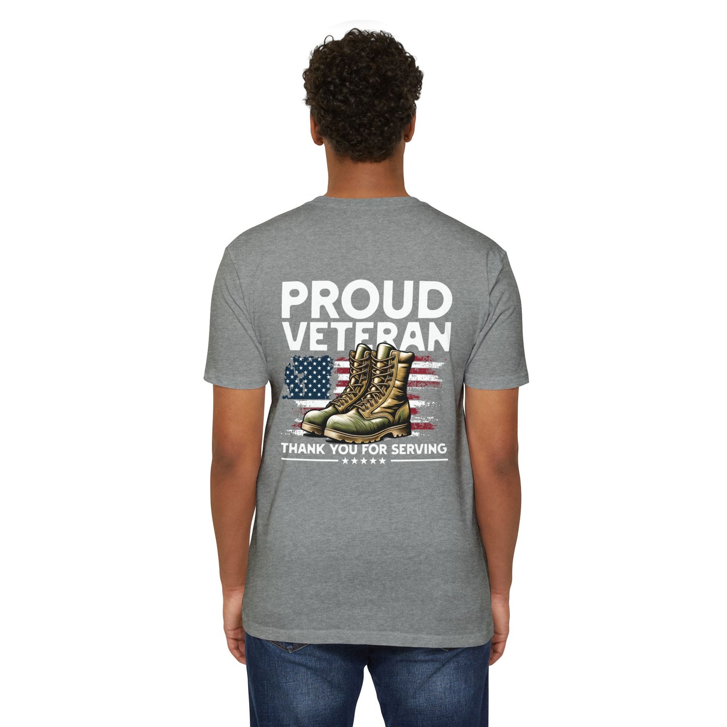 Proud Veteran T-Shirt — "Proud Veteran" with Military Boots & American Flag — Thank You for Serving