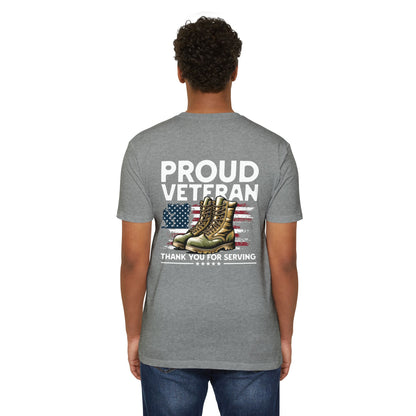 Proud Veteran T-Shirt — "Proud Veteran" with Military Boots & American Flag — Thank You for Serving