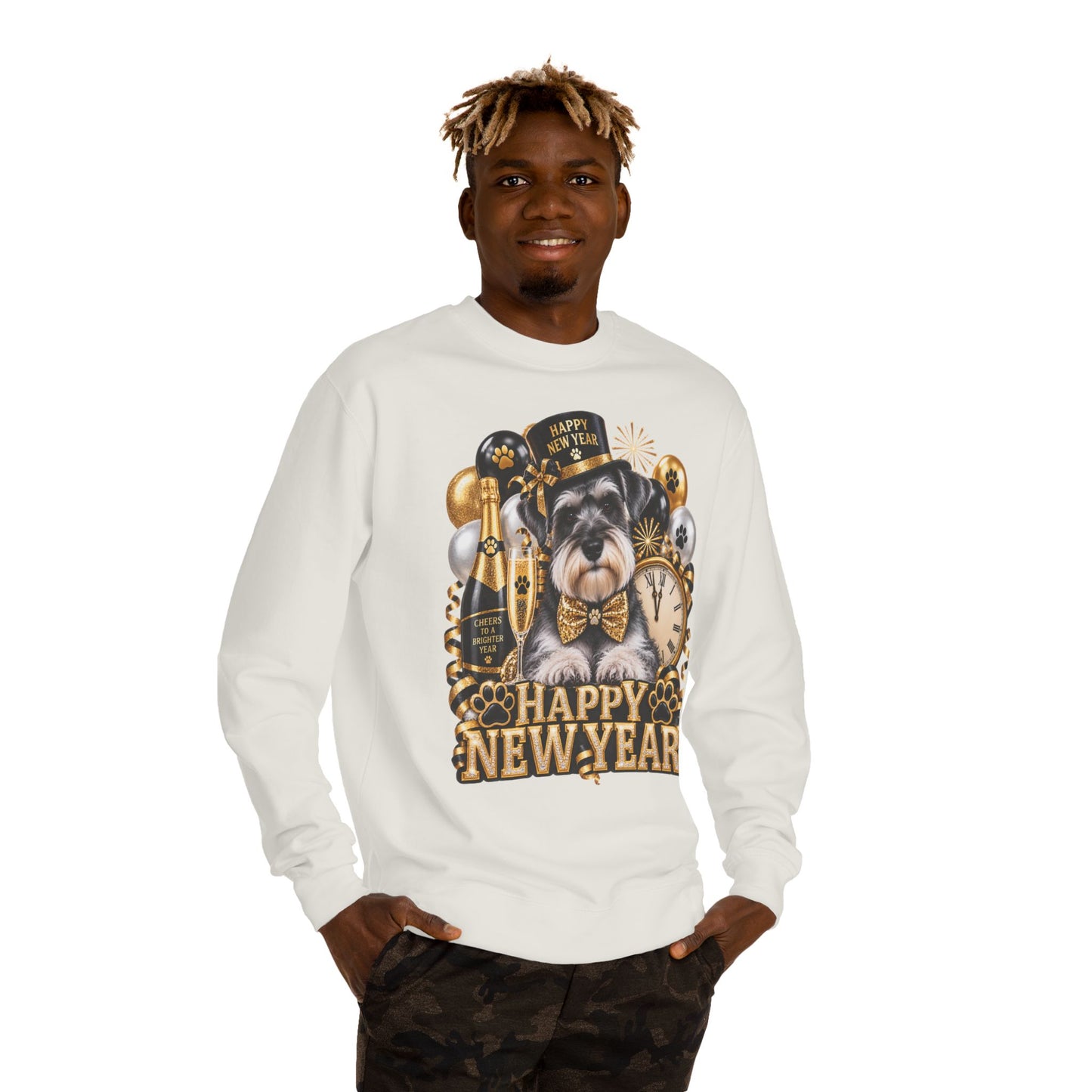 Happy New Year Dog Sweatshirt — Festive Paw Print NYE Crewneck