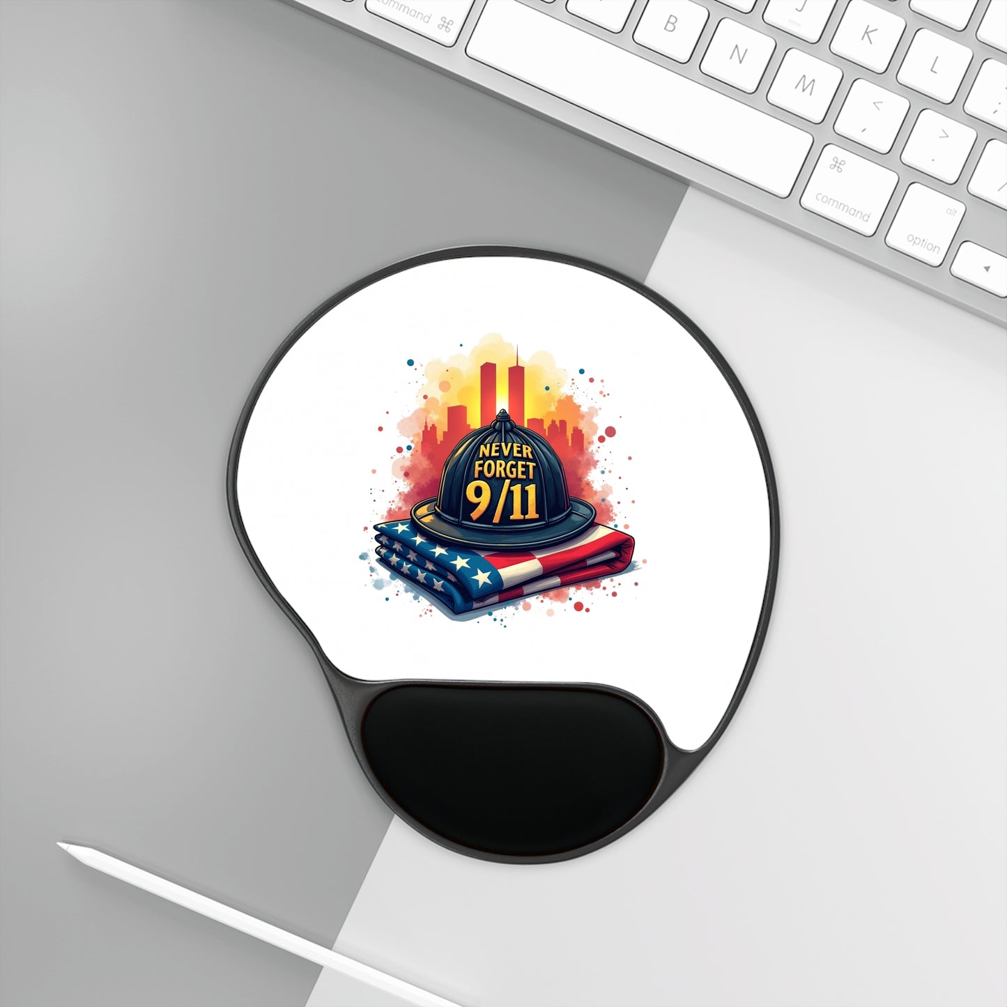 9/11 Never Forget Mouse Pad with Wrist Rest — Memorial Firefighter Tribute
