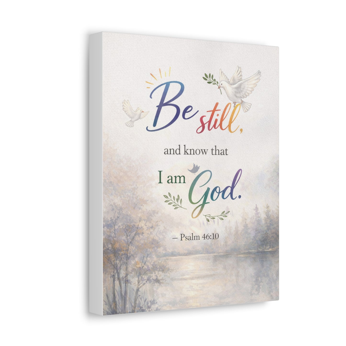 Be Still Psalm 46:10 Stretched Canvas Wall Art — Inspirational Christian Decor with Dove and Tranquil Landscape