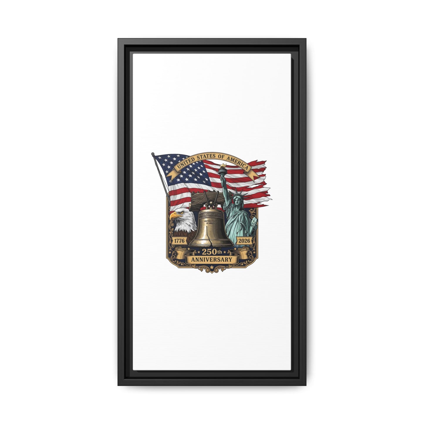 Liberty 250th Anniversary Framed Canvas Print — American Flag, Statue of Liberty & Liberty Bell Art