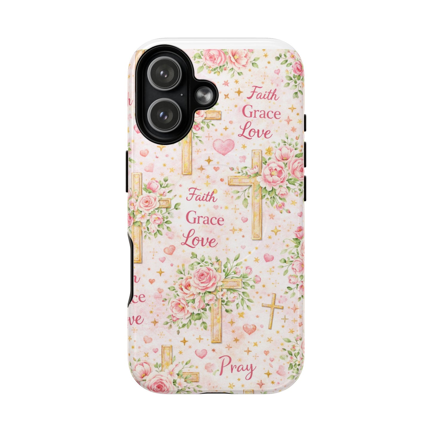 Christian Floral Cross Phone Case — "Faith Grace Love" Tough Magnetic Case