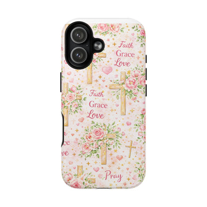 Christian Floral Cross Phone Case — "Faith Grace Love" Tough Magnetic Case