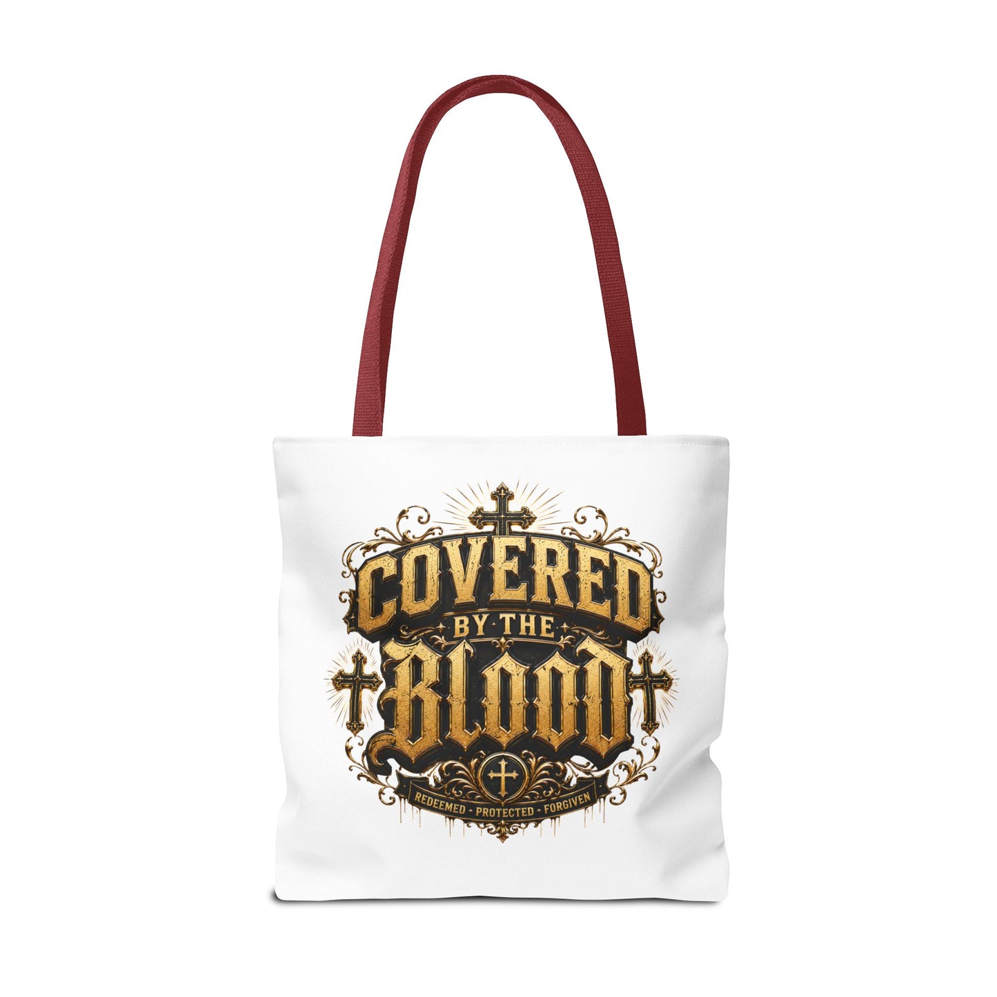 Covered by the Blood Tote Bag — Christian Cross Faith Canvas Tote