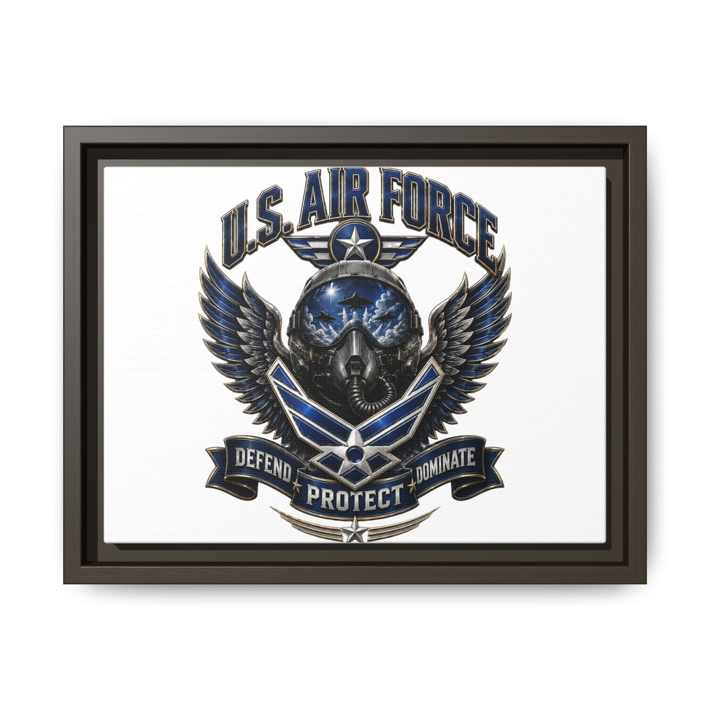 U.S. Air Force Emblem Framed Canvas Print – "Defend Protect Dominate" Military Wall Art