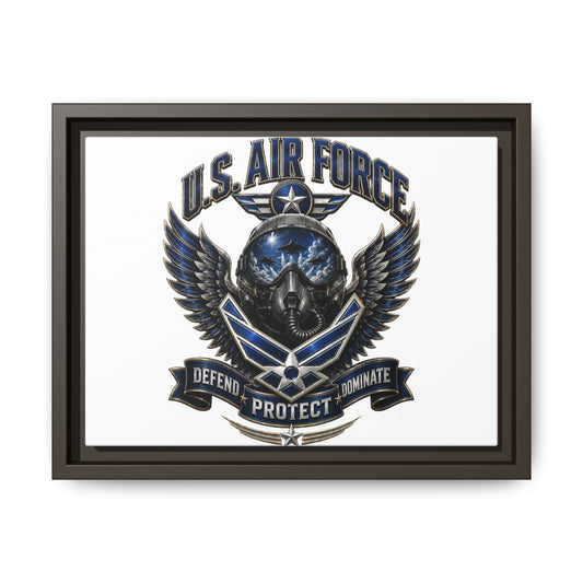 U.S. Air Force Emblem Framed Canvas Print – "Defend Protect Dominate" Military Wall Art