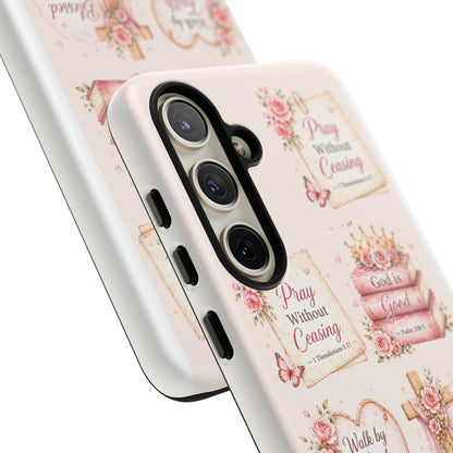 Christian Floral Phone Case — "Pray Without Ceasing" Faith Cross Design
