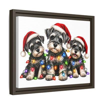 Christmas Schnauzer Canvas Print — Festive Puppies in Santa Hats (Matte Framed)