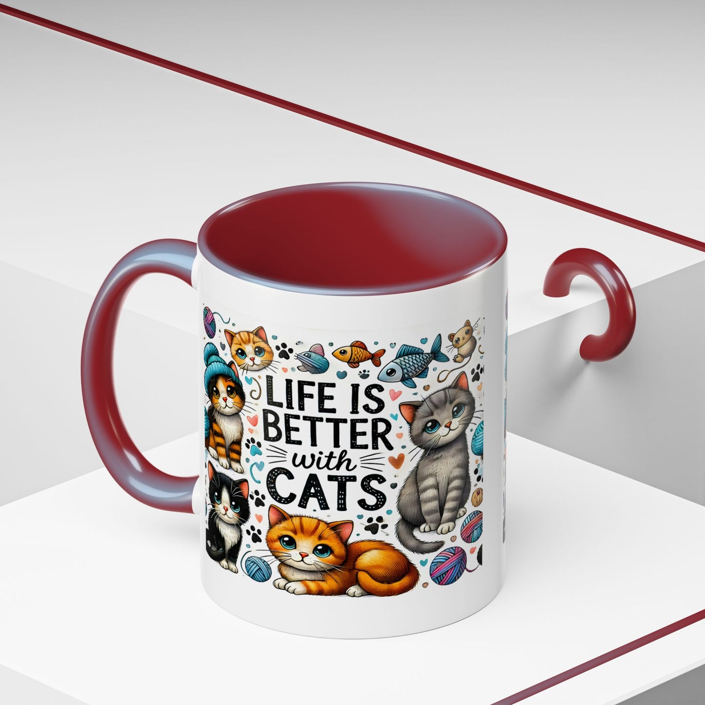 Life Is Better With Cats Accent Coffee Mug – Cute Kitten Ceramic Tea Cup (11/15oz)
