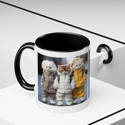 Cat Crew Accent Coffee Mug — Cute Kittens in Puffer Jackets (11/15oz)