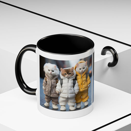Cat Crew Accent Coffee Mug — Cute Kittens in Puffer Jackets (11/15oz)