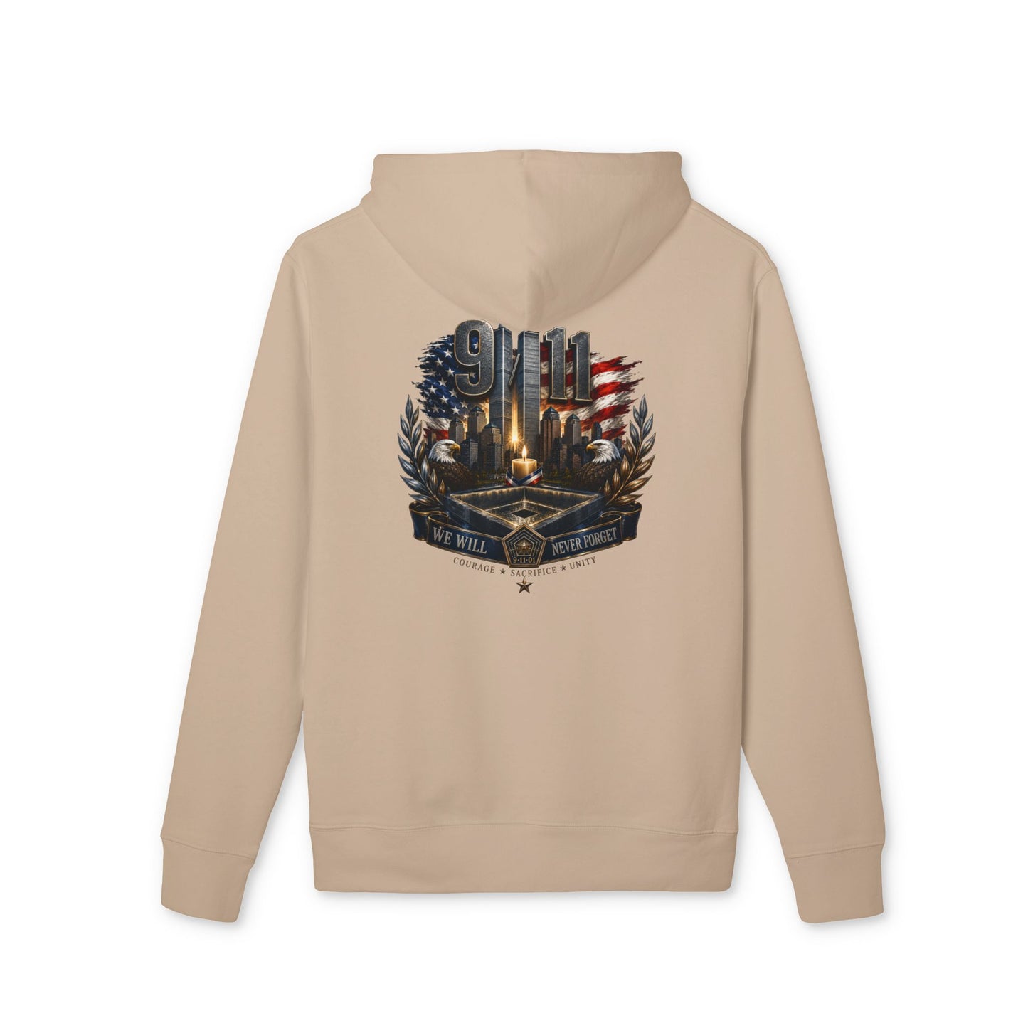 9/11 Memorial Hoodie - American Flag Tribute with Twin Towers Emblem