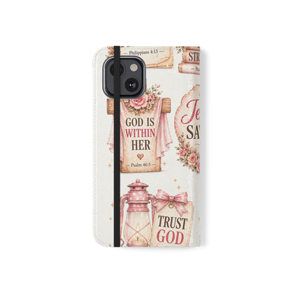 Christian Floral Phone Flip Case — "Jesus Saves" & Inspirational Scripture Wallet Cover