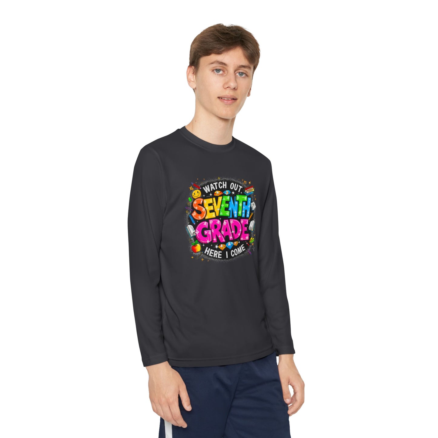 Seventh Grade Kids Long Sleeve Tee — "Watch Out… Here I Come" Back-to-School Shirt
