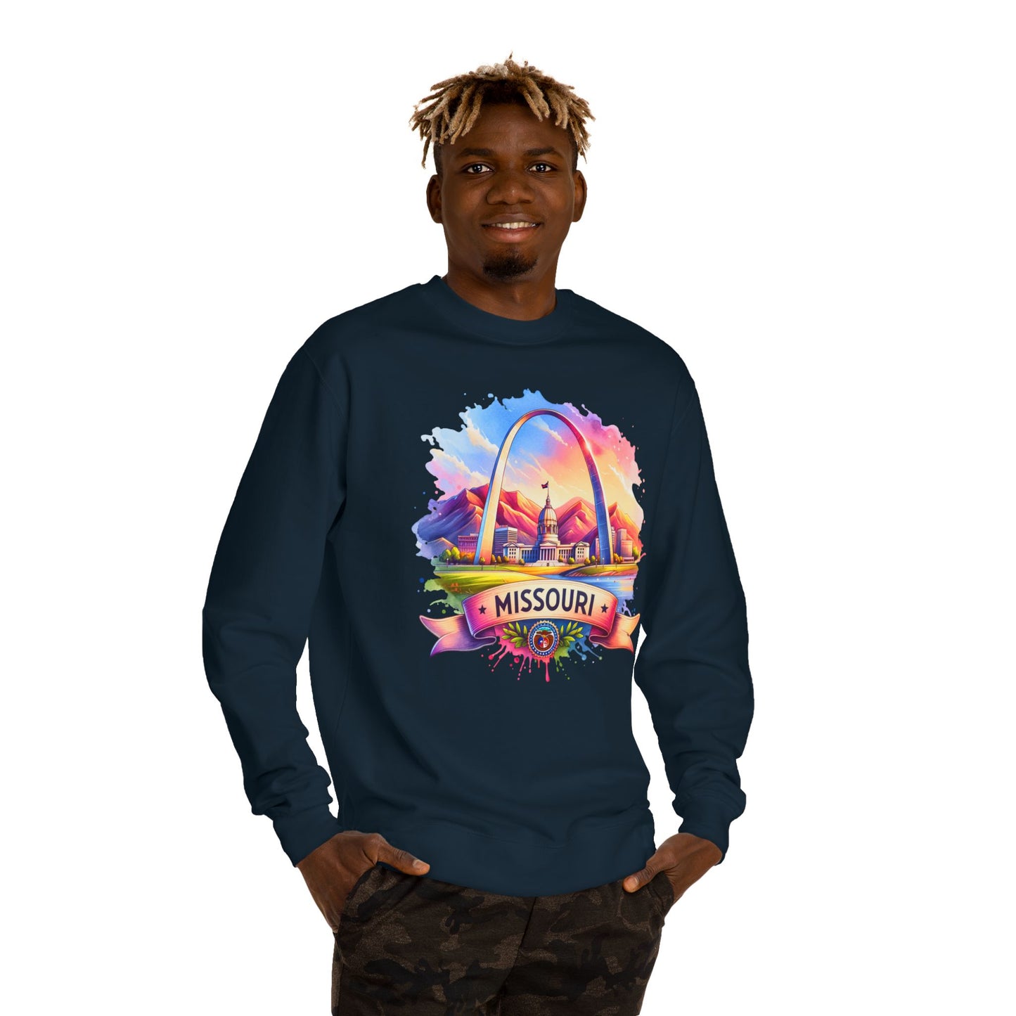 Missouri Arch Watercolor Sweatshirt — Colorful St. Louis Landmark Crewneck