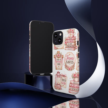 Christian Phone Case — Jesus Saves Floral Tough Case with 'God Is Within Her' & 'Trust God' Design
