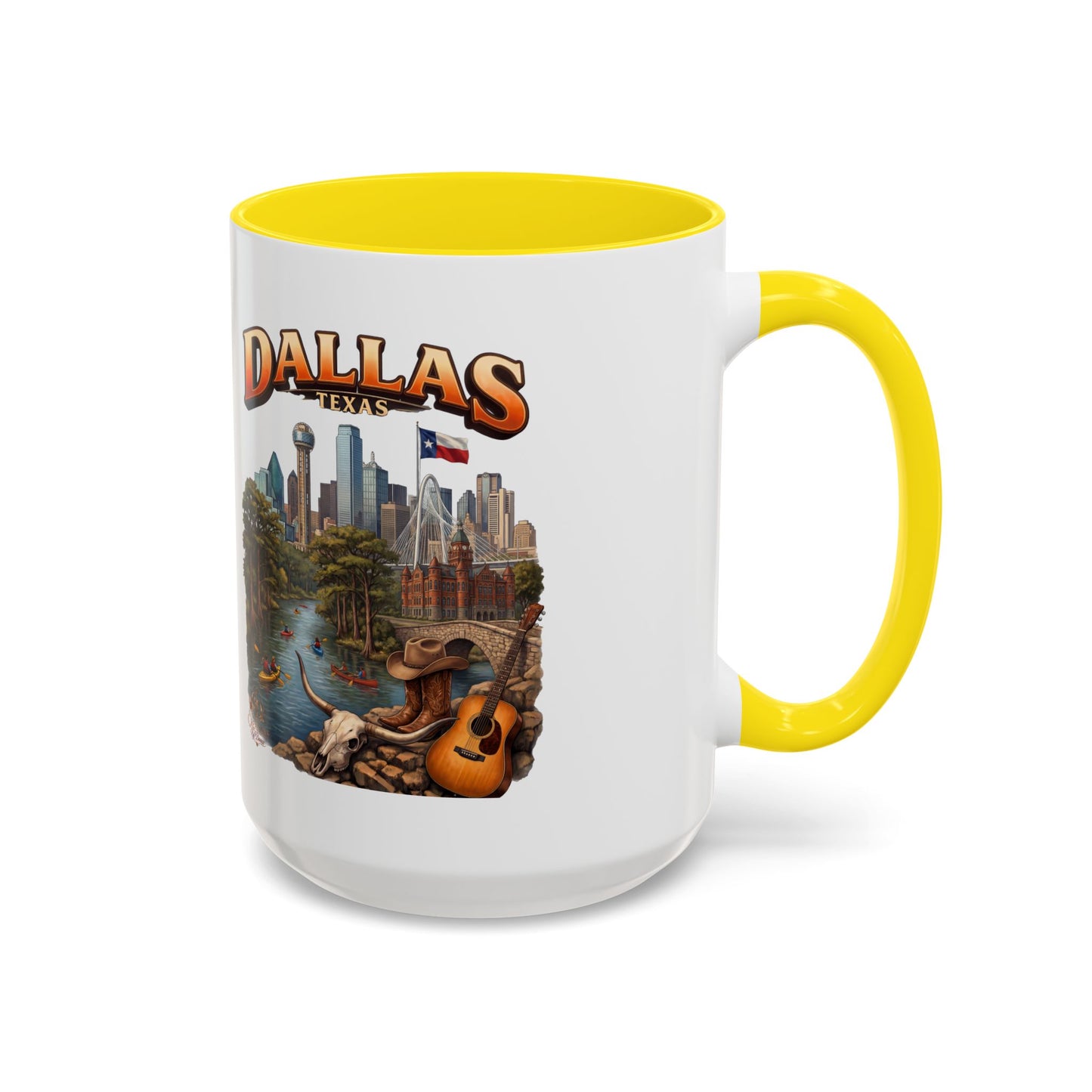 Dallas Skyline Accent Coffee Mug — Texas Souvenir Mug with Guitar & Cityscape