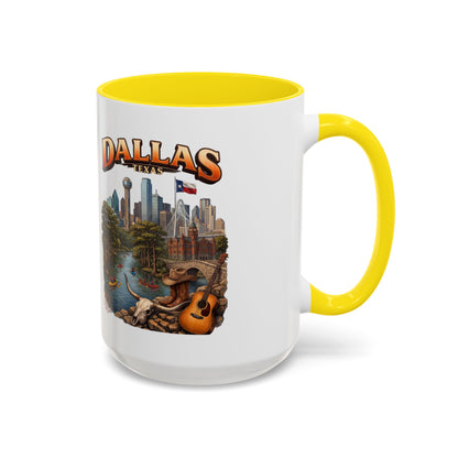 Dallas Skyline Accent Coffee Mug — Texas Souvenir Mug with Guitar & Cityscape
