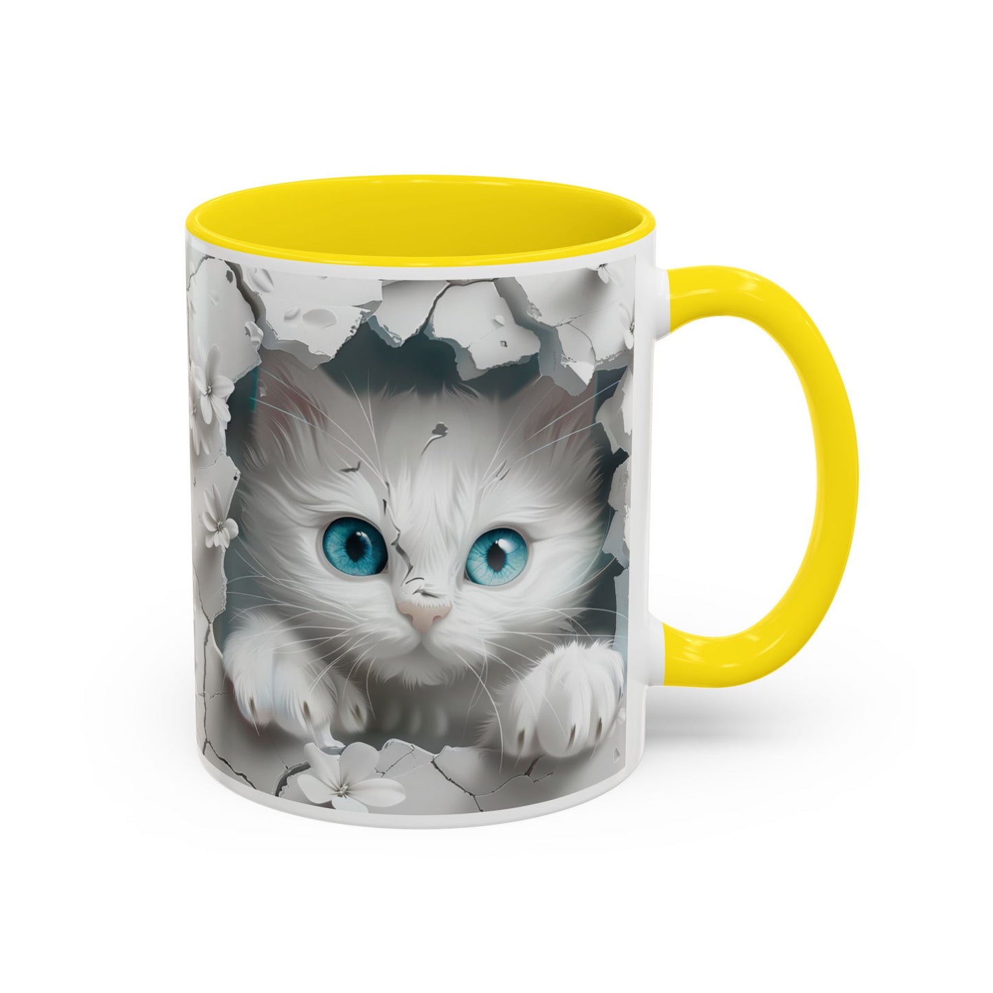 Cute Blue-Eyed Kitten Accent Coffee Mug – Floral Peekaboo Cat Design (11/15 oz)