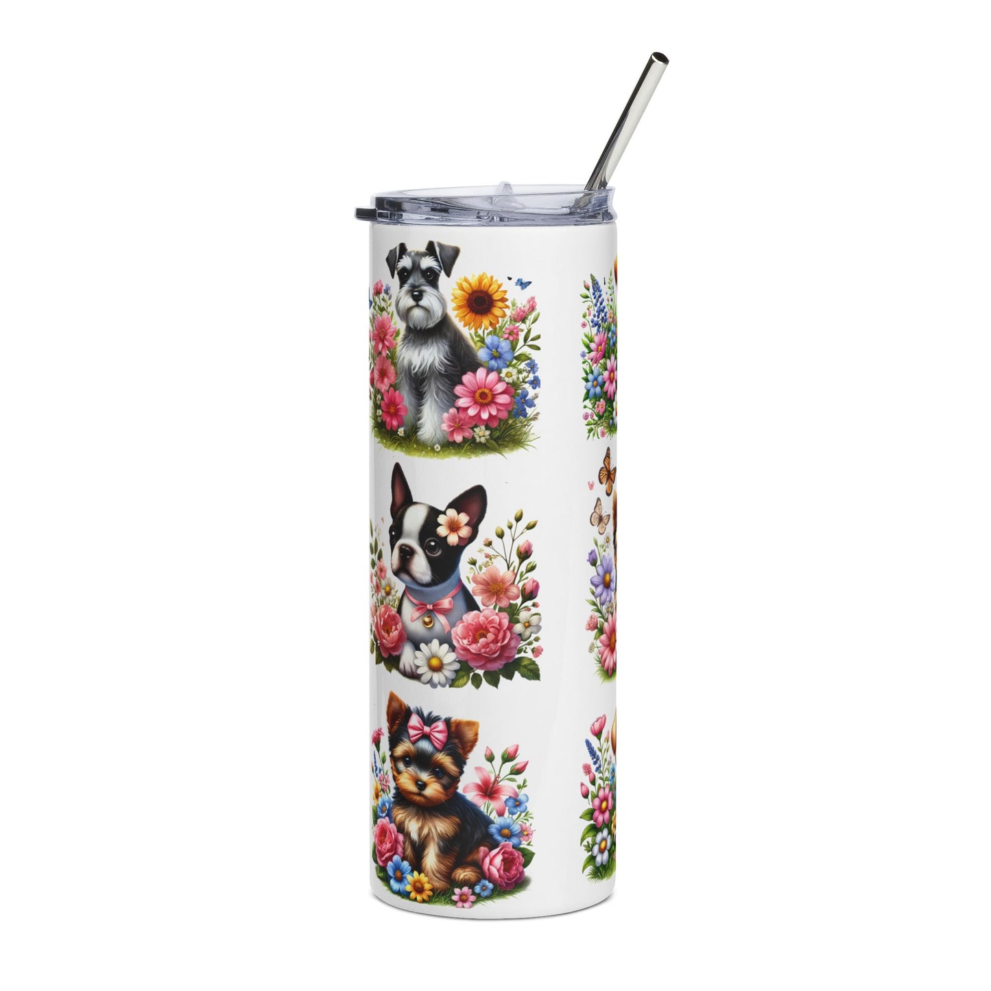 20oz Stainless Tumbler — Cute Puppy Floral Pattern, Insulated Travel Cup