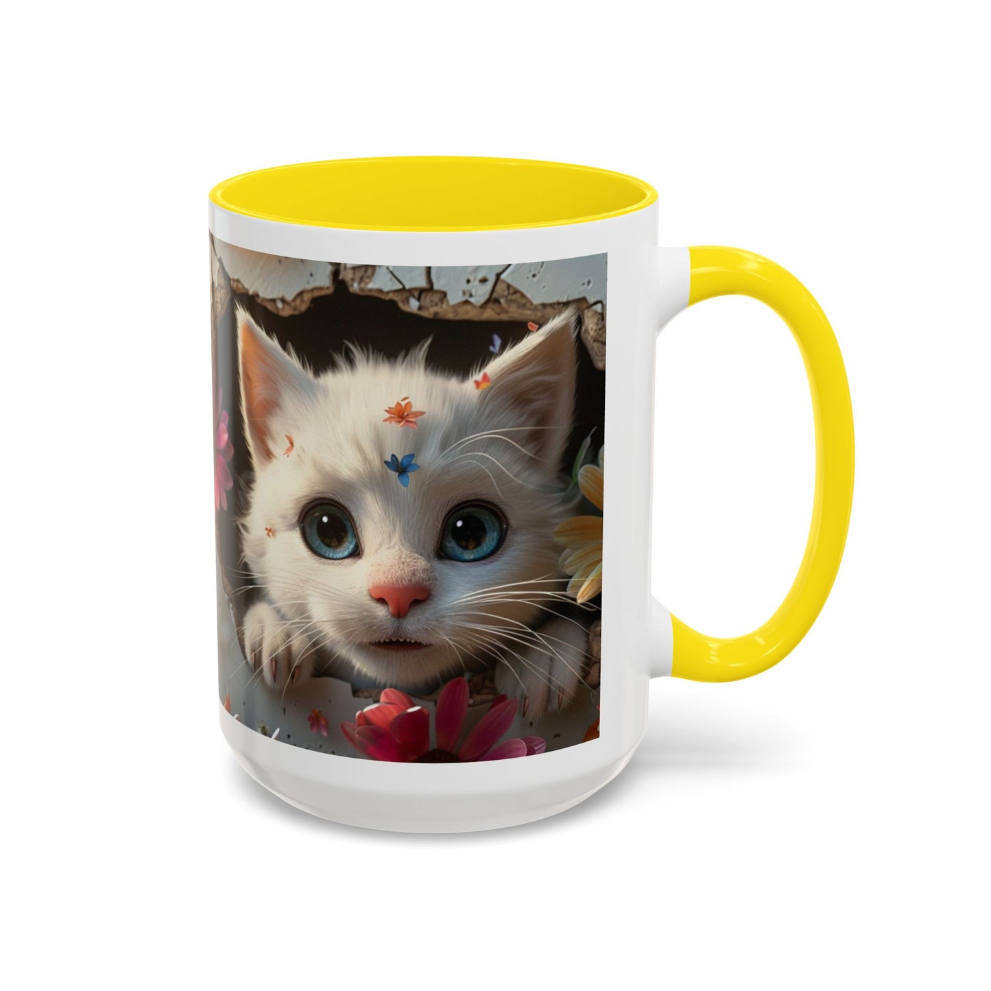Cute White Kitten Coffee Mug – Floral Accent 11/15oz