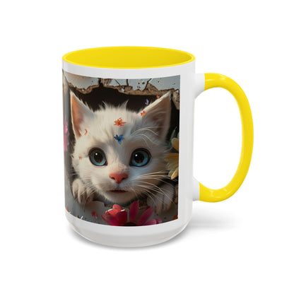 Cute White Kitten Coffee Mug – Floral Accent 11/15oz
