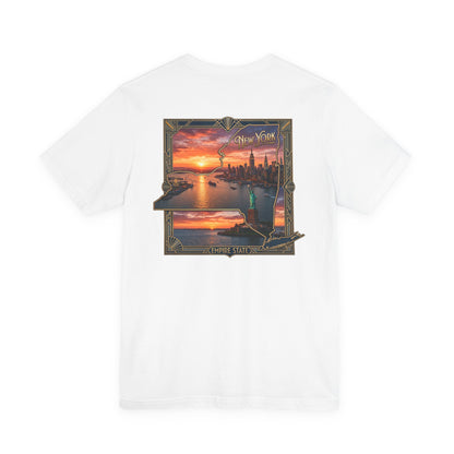 New York Sunset Skyline Tee — Statue of Liberty Vintage Travel T‑Shirt