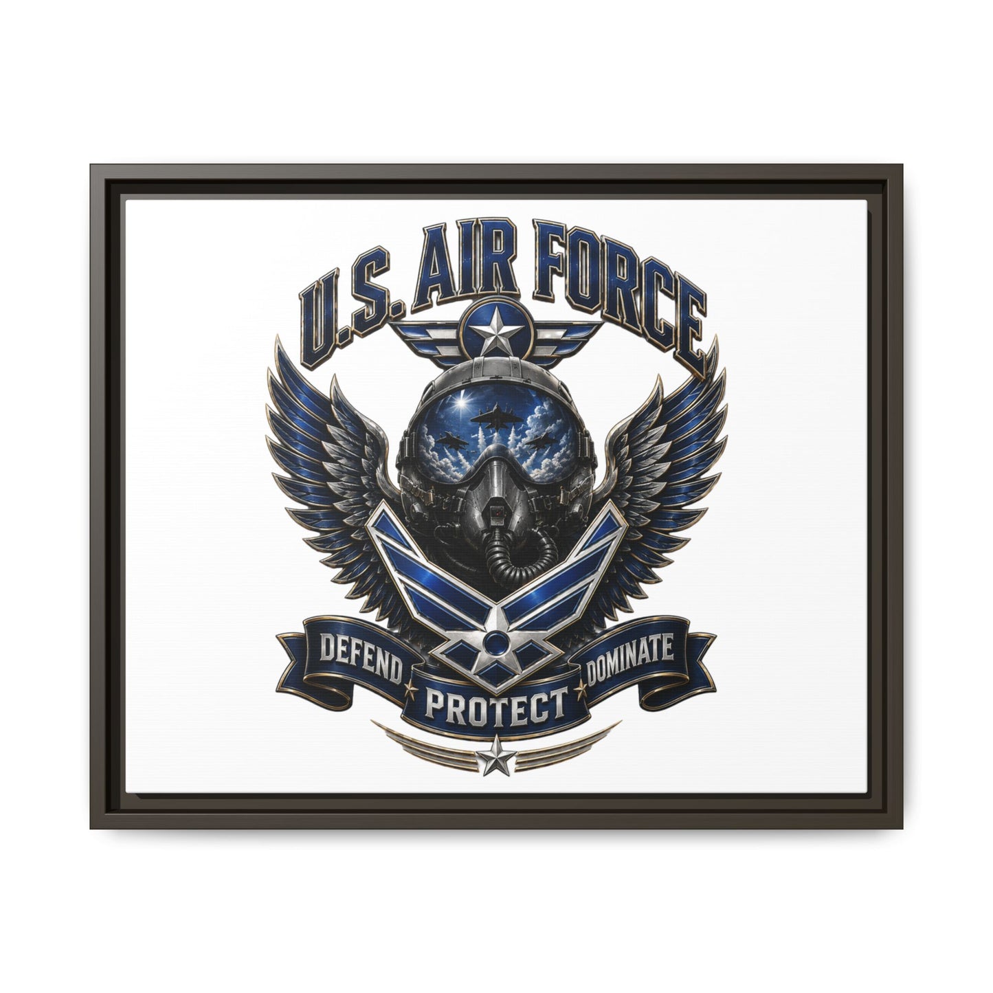 U.S. Air Force Emblem Framed Canvas Print – "Defend Protect Dominate" Military Wall Art
