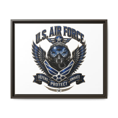 U.S. Air Force Emblem Framed Canvas Print – "Defend Protect Dominate" Military Wall Art