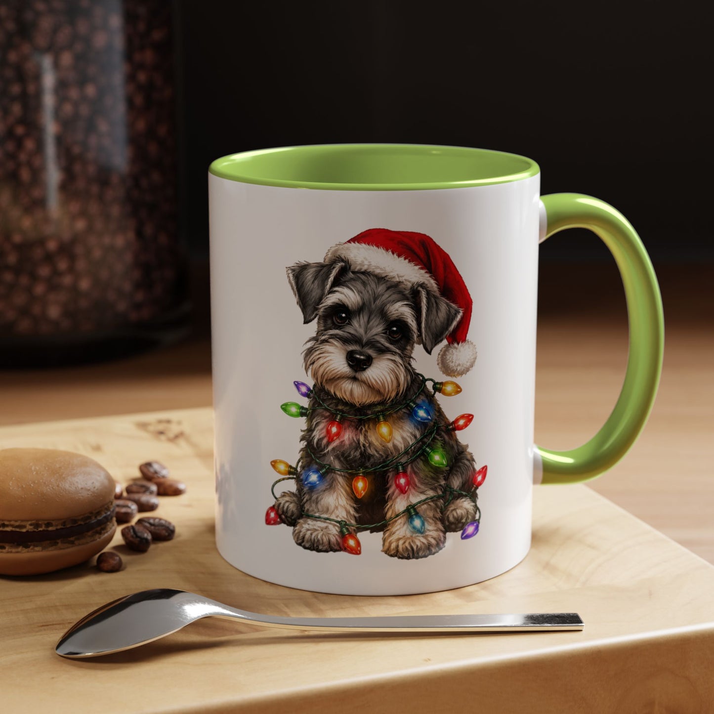 Christmas Puppy Coffee Mug — Schnauzer in Santa Hat with Holiday Lights (11/15oz)