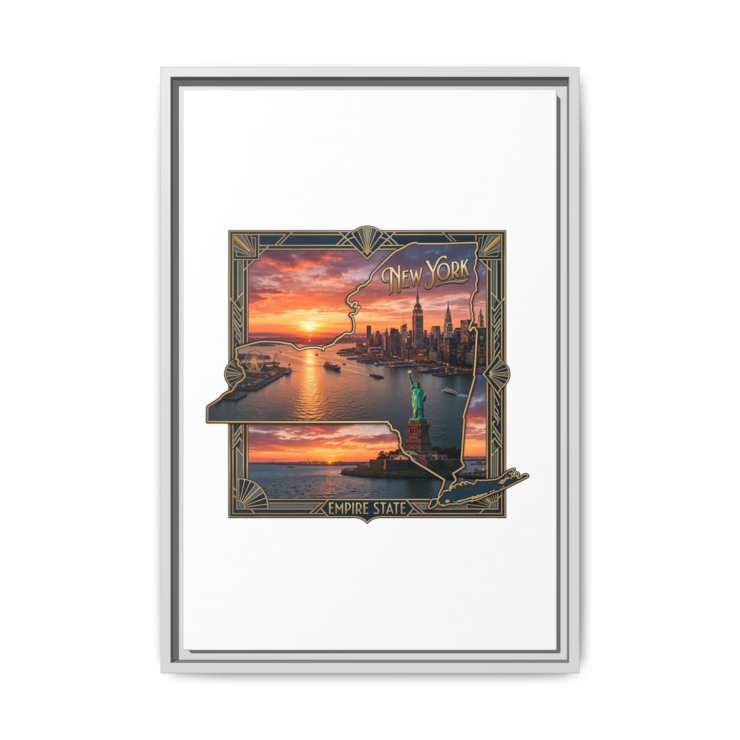 Framed Matte Canvas Wall Art — New York City Sunset Skyline with Statue of Liberty