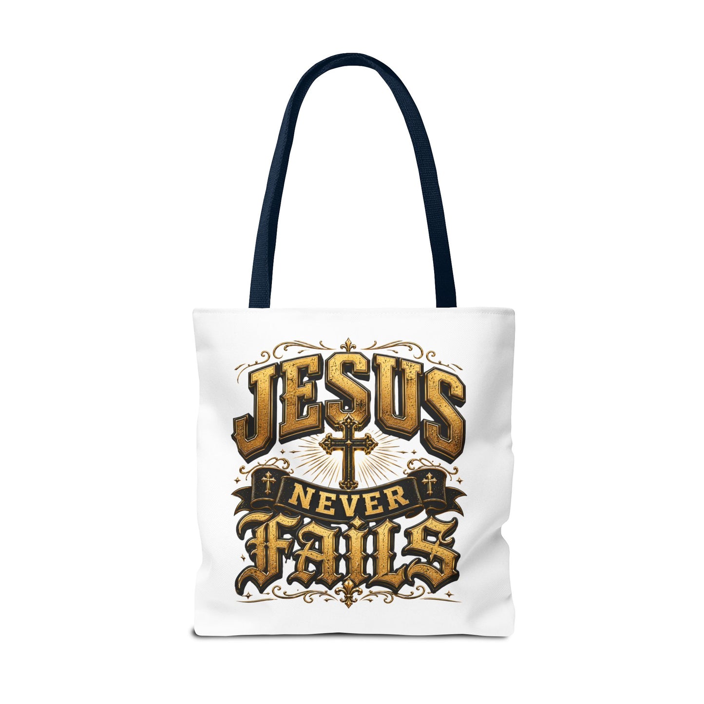 Jesus Never Fails Tote Bag — Christian Faith AOP Canvas Tote