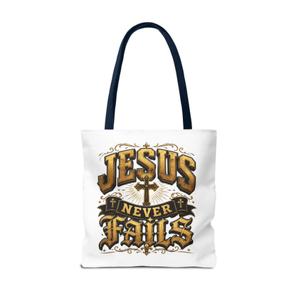 Jesus Never Fails Tote Bag — Christian Faith AOP Canvas Tote