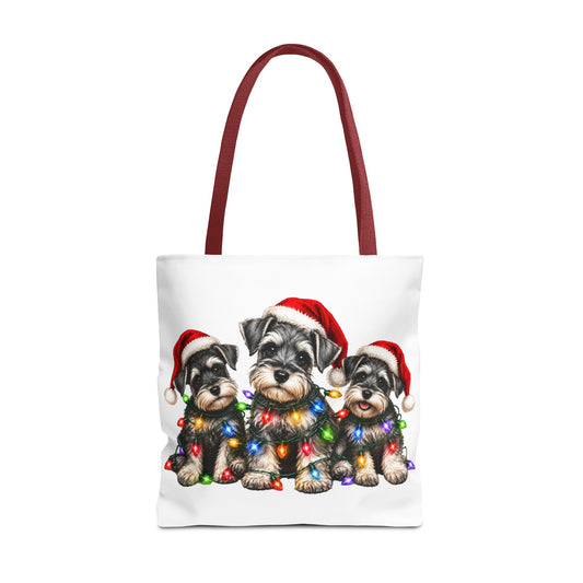 Christmas Schnauzer Tote Bag — Cute Puppies in Santa Hats & Holiday Lights