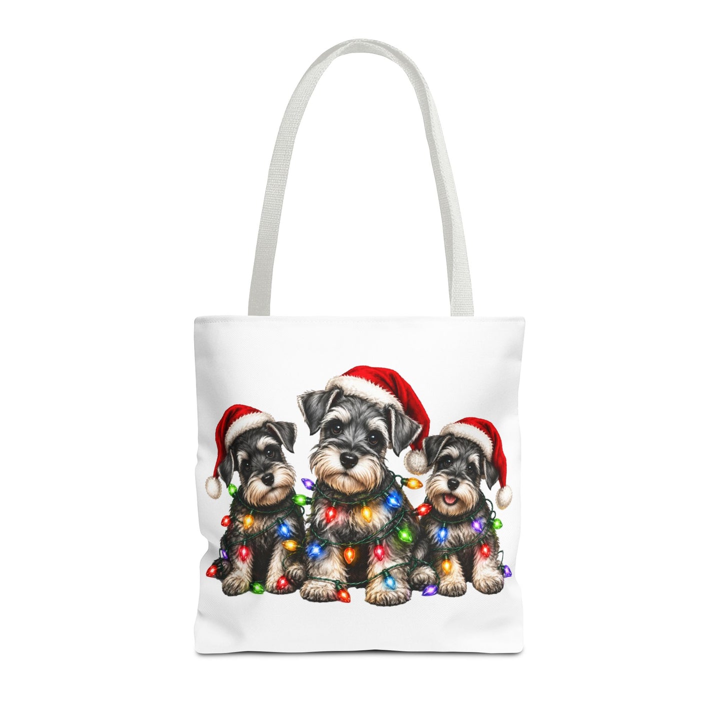 Christmas Schnauzer Tote Bag — Cute Puppies in Santa Hats & Holiday Lights